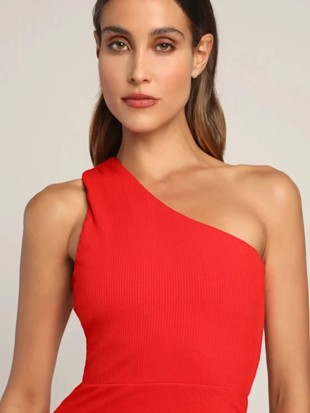 Lulus Centered on Style Red One-Shoulder Bodycon Ribbed Midi Dress Ruched Slit - Picture 3 of 13